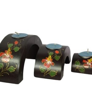 Mango Wood Hexagon Candle Holder Set with flower pattern