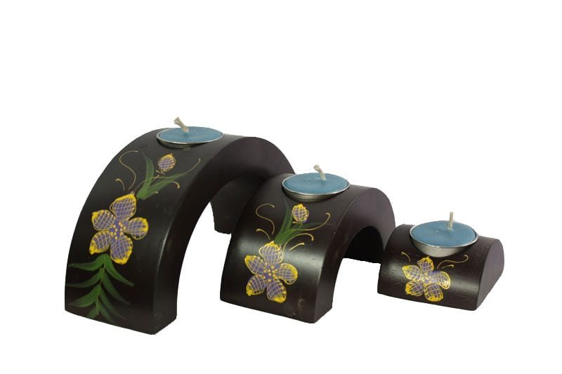 Mango Wood Hexagon Candle Holder Set with flower pattern