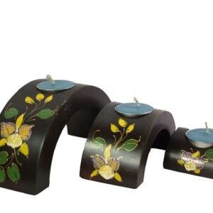 Mango Wood Hexagon Candle Holder Set with flower pattern