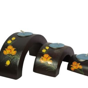 Mango Wood Hexagon Candle Holder Set with floral design
