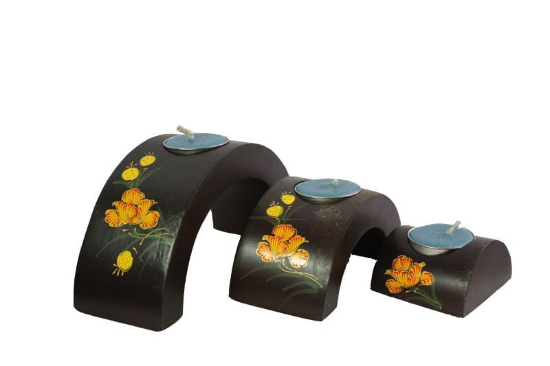 Mango Wood Hexagon Candle Holder Set with floral design