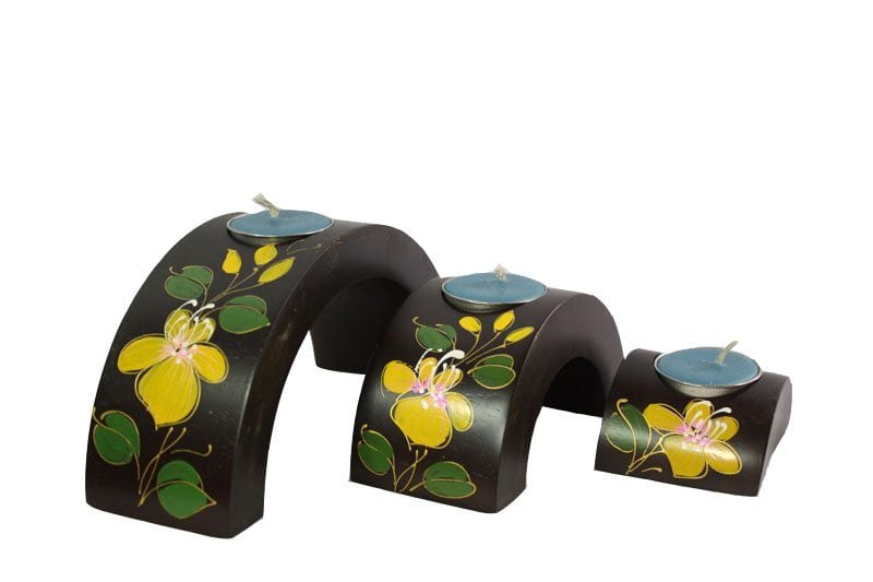 Mango Wood Hexagon Candle Holder Set with floral design