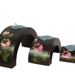 Mango Wood Hexagon Candle Holder Set with floral design