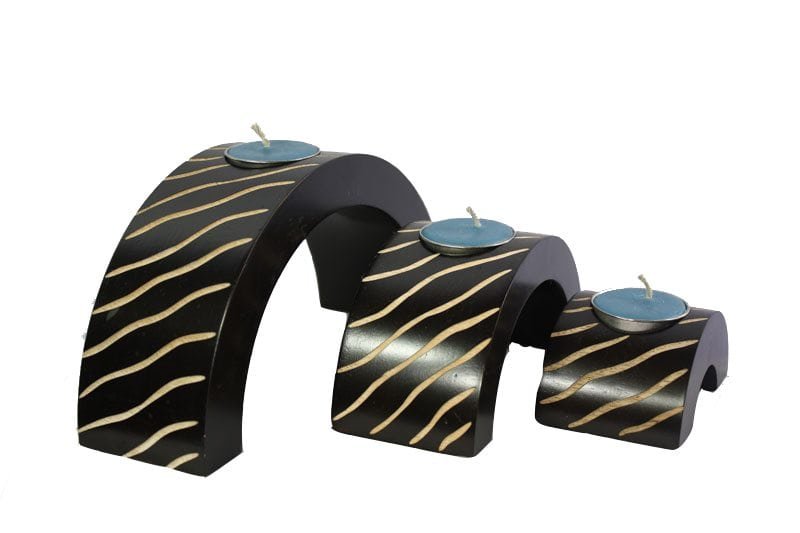 Mango Wood Hexagon Candle Holder Set with stripes design