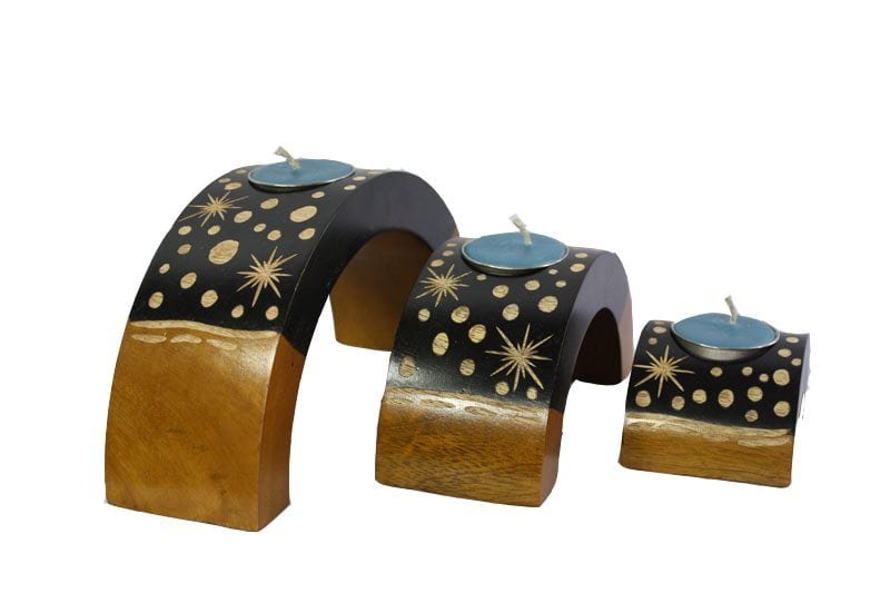 Mango Wood Hexagon Candle Holder Set with spots design