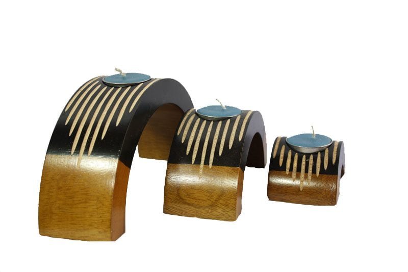 Mango Wood Hexagon Candle Holder Set with stripes design
