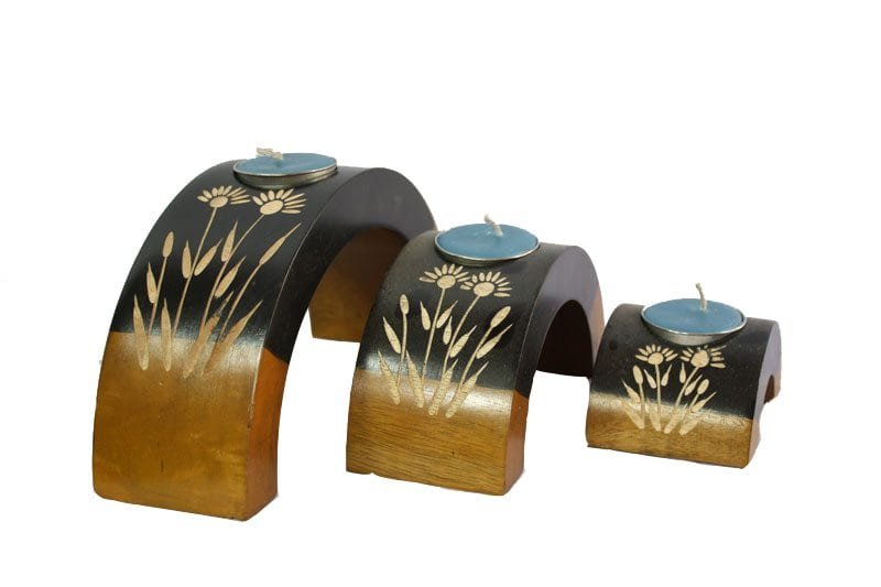 Mango Wood Hexagon Candle Holder Set with flower design
