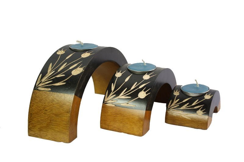 Mango Wood Hexagon Candle Holder Set with floral pattern