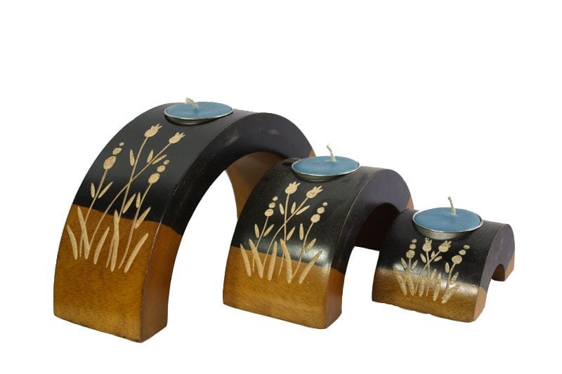 Mango Wood Hexagon Candle Holder Set with floral pattern
