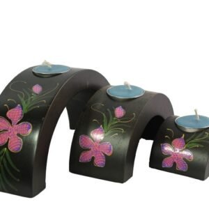 Mango Wood Hexagon Candle Holder Set with flower design
