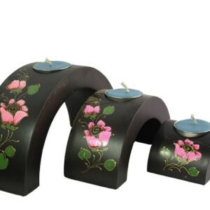 Mango Wood Hexagon Candle Holder Set with floral pattern