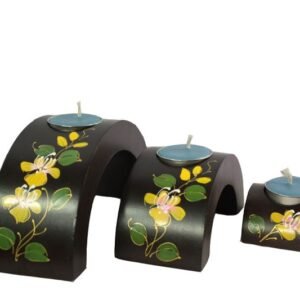 Mango Wood Hexagon Candle Holder Set with floral pattern