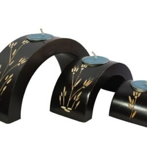 Mango Wood Hexagon Candle Holder Set with floral pattern