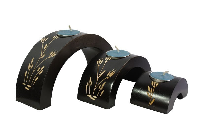 Mango Wood Hexagon Candle Holder Set with floral pattern