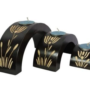 Mango Wood Hexagon Candle Holder Set with flower pattern