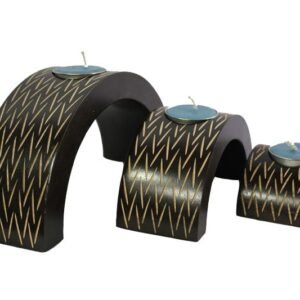 Mango Wood Hexagon Candle Holder Set with stripes design