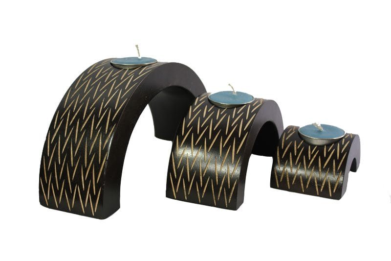 Mango Wood Hexagon Candle Holder Set with stripes design