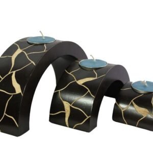 Mango Wood Hexagon Candle Holder Set with stripes pattern