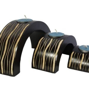 Thailand handicrafts Wholesale Mango Wood Hexagon Candle Holder Set with stripes design