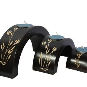 Thailand handicrafts Wholesale Mango Wood Hexagon Candle Holder Set with flower design