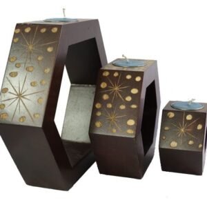 Mango Wood Hexagon Candle Holder Set with spots design