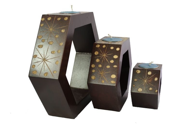 Mango Wood Hexagon Candle Holder Set with spots design