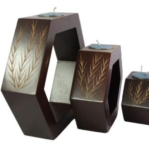 Mango Wood Hexagon Candle Holder Set with leaf design