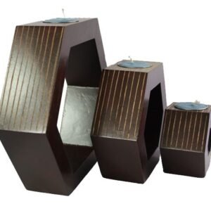 Mango Wood Hexagon Candle Holder Set with stripes design