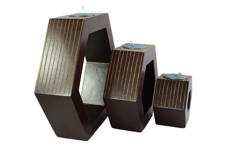 Mango Wood Hexagon Candle Holder Set with stripes design