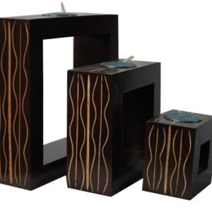 Mango Wood Rectangle Candle Holder Set with stripes design