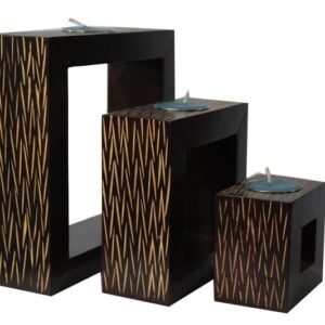 Mango Wood Rectangle Candle Holder Set with stripes pattern