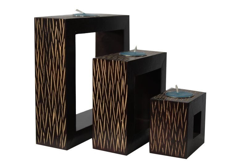 Mango Wood Rectangle Candle Holder Set with stripes pattern