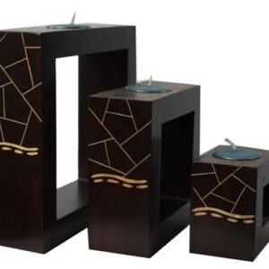 Thailand Handicrafts Wholesale Mango Wood Rectangle Candle Holder Set with stripes design