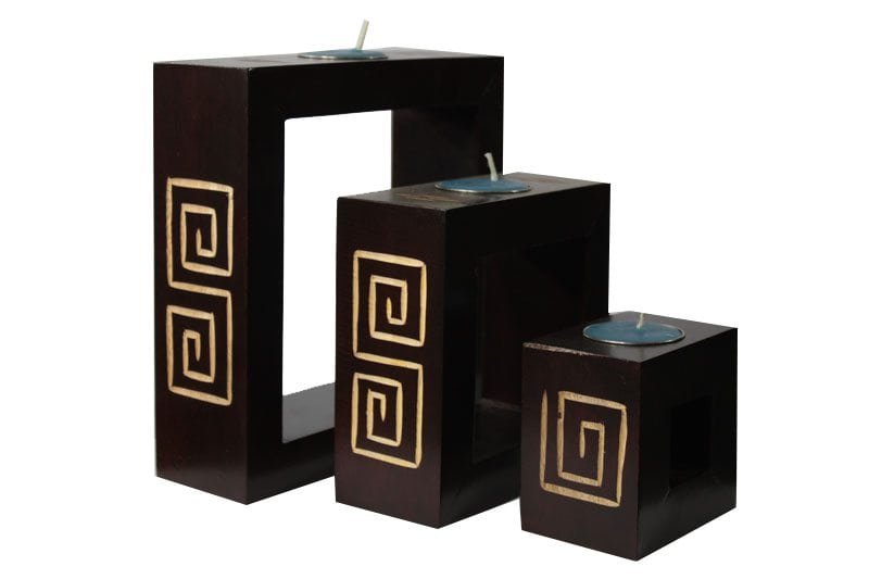 Mango Wood Rectangle Candle Holder Set with Maze design