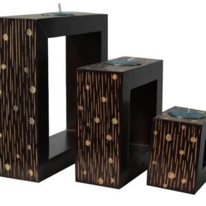 Mango Wood Rectangle Candle Holder Set with spots and stripes design