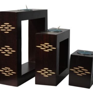 Mango Wood Rectangle Candle Holder Set with spots pattern