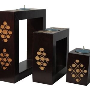 Mango Wood Rectangle Candle Holder Set with spots design