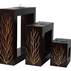 Mango Wood Rectangle Candle Holder Set with leaf design