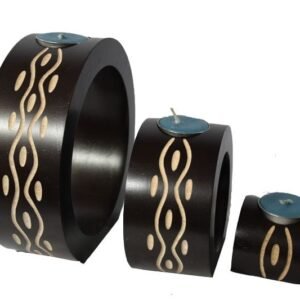 Mango Wood Round Candle Holder Set with stripes pattern