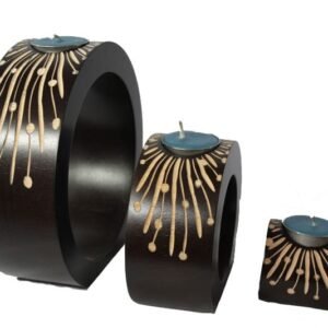 Mango Wood Round Candle Holder Set with stripes design