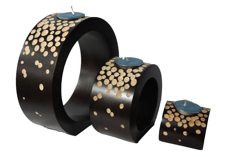 Mango Wood Round Candle Holder Set with spots design