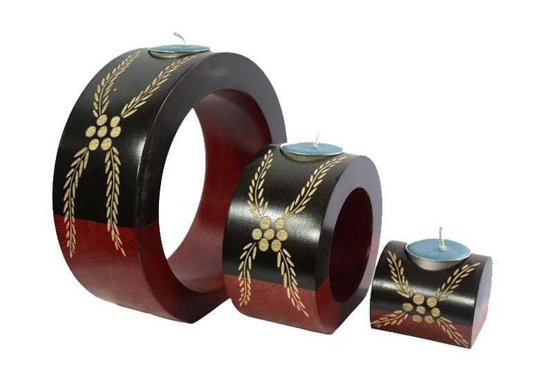 Mango Wood Round Candle Holder Set with floral design