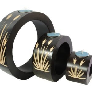 Mango Wood Round Candle Holder Set with floral design