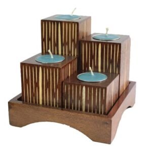 Mango Wood Squares Candle Holder Set with stripes design