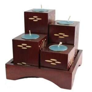 Mango Wood Squares Candle Holder Set with spots design