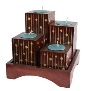 Mango Wood Squares Candle Holder Set with stripes pattern