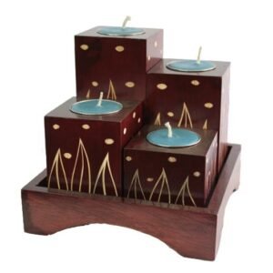 Mango Wood Squares Candle Holder Set with leaf design