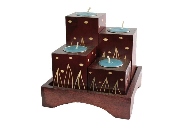 Mango Wood Squares Candle Holder Set with leaf design