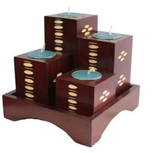 Mango Wood Squares Candle Holder Set with spots design