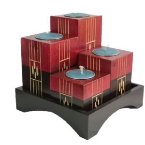Thailand Handicrafts Wholesale Mango Wood Squares Candle Holder Set with stripes design